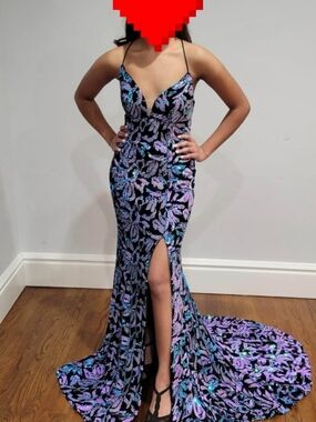 Black Sequin Floral Evening Gown with Purple & Blue Accents